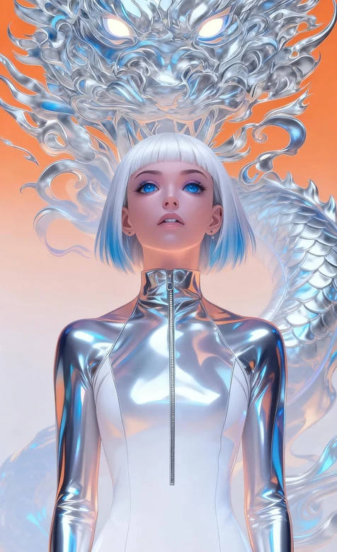 银龙护持·银发蓝梢少女 赛博国风科技感壁纸