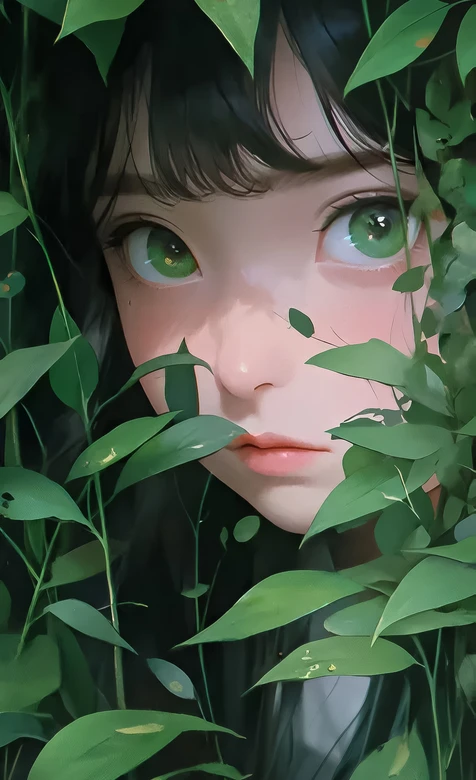 绿眸少女·绿叶环绕 唯美二次元插画手机壁纸（森系少女壁纸）