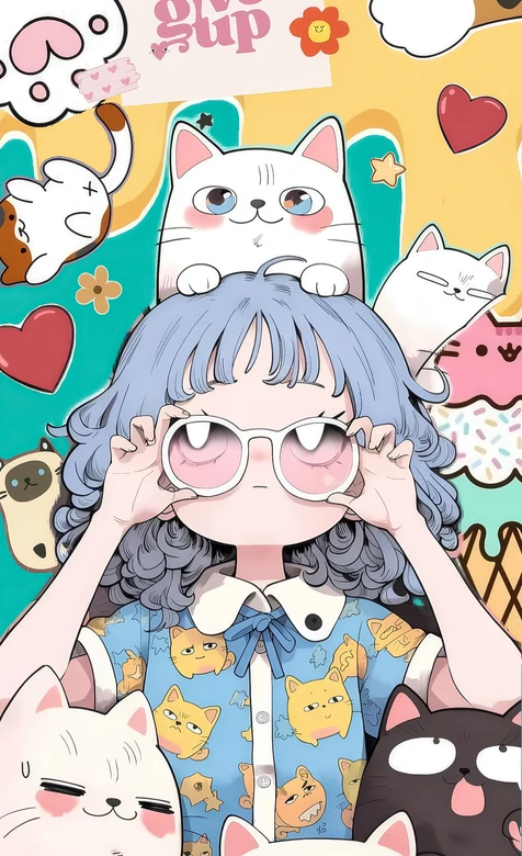 蓝发眼镜女孩猫咪环绕 可爱治愈手机壁纸