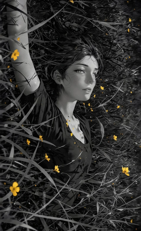 草丛黄花中的女孩·暗黑唯美插画风 小众艺术感手机壁纸