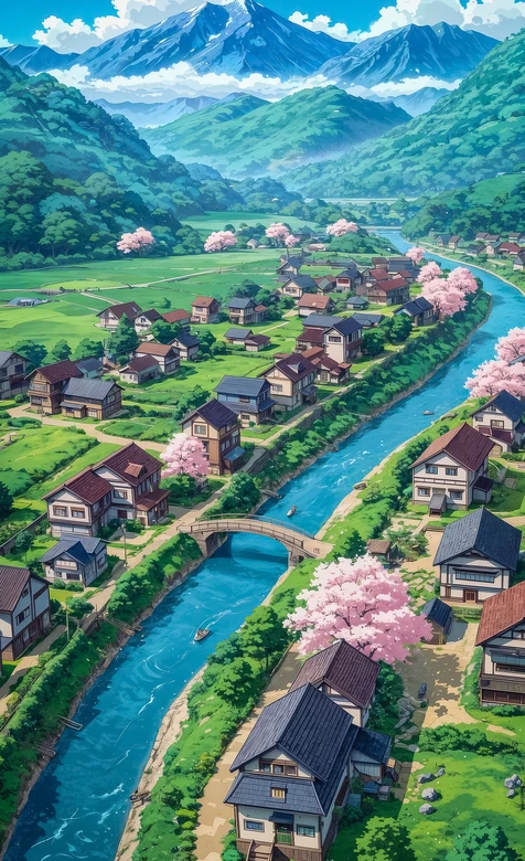 日系乡村樱花河流·动漫风治愈 春日田园手机壁纸
