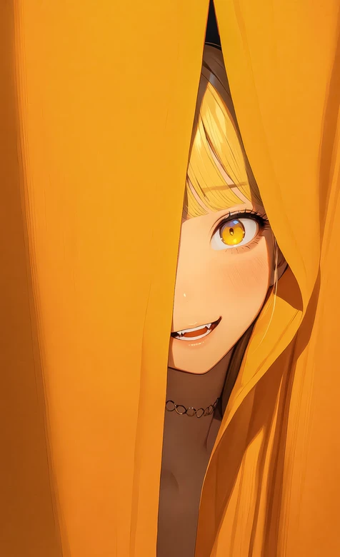 二次元动漫少女·虎牙黄眼 暖橙布帘手机壁纸