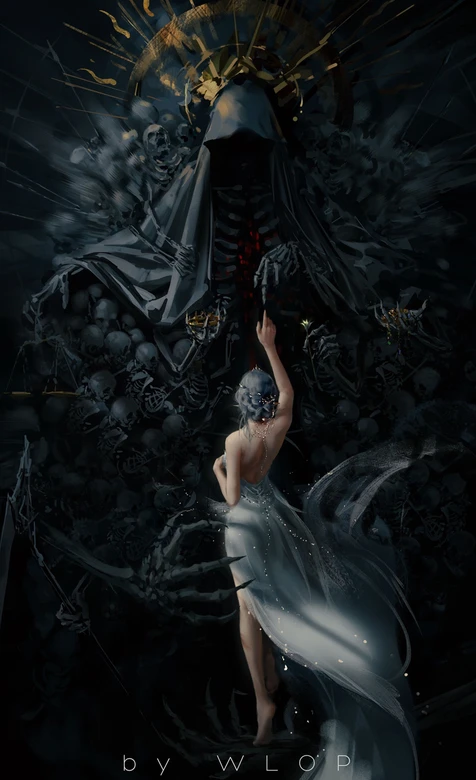 骷髅神明·白衣女子 暗黑奇幻风 WLOP插画 高人气手机壁纸