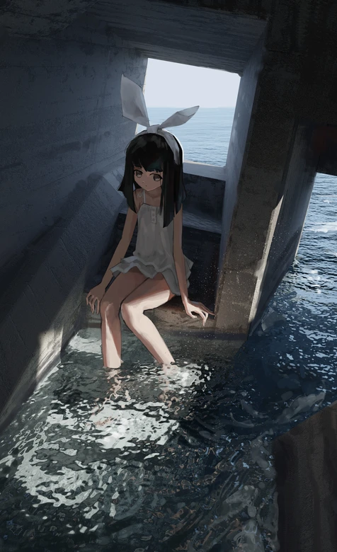 黑长直兔耳少女·海边水洼·二次元写实风 清冷手机壁纸