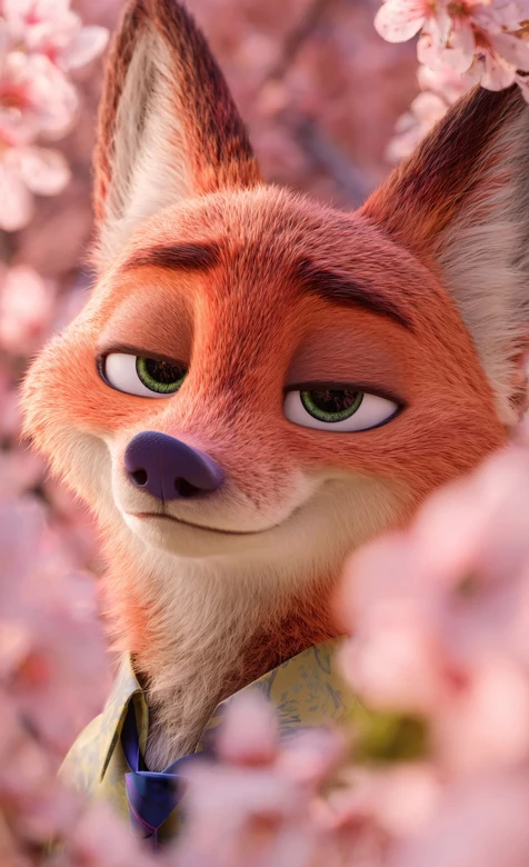 尼克·王尔德·慵懒神态 樱花唯美动漫《疯狂动物城》壁纸（高热度：动漫角色手机壁纸）