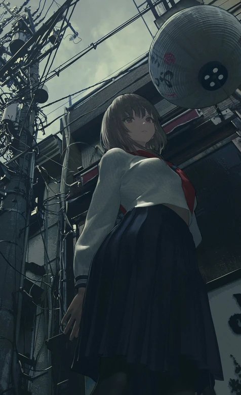 暗黑写实风JK少女·日式街巷动漫插画手机壁纸