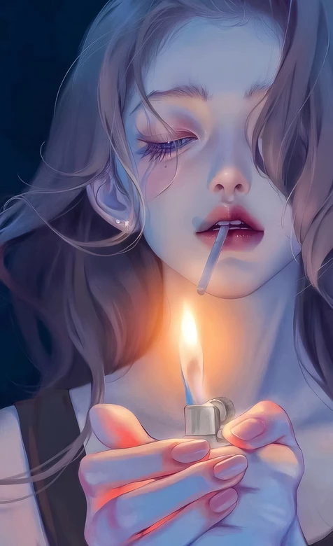 手绘少女·点火瞬间 唯美写实风原创插画 氛围感手机壁纸