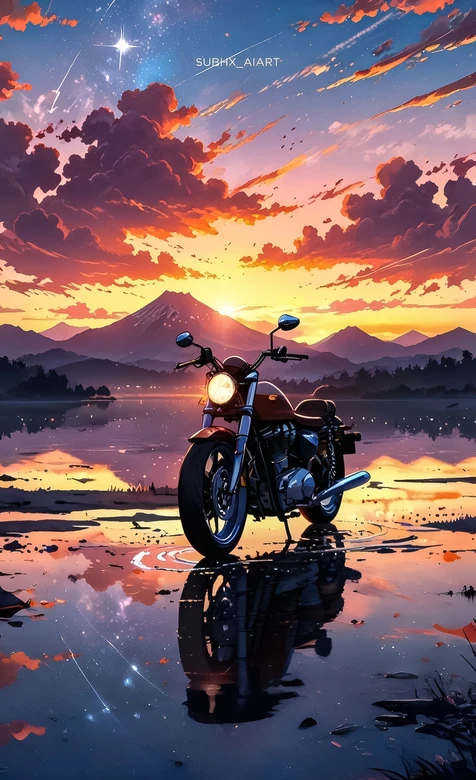 摩托车·富士山日落湖景 唯美动漫风 热血浪漫手机壁纸