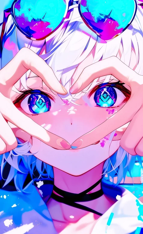 二次元炫彩动漫人物·爱心手势蓝瞳爱心墨镜 手机壁纸
