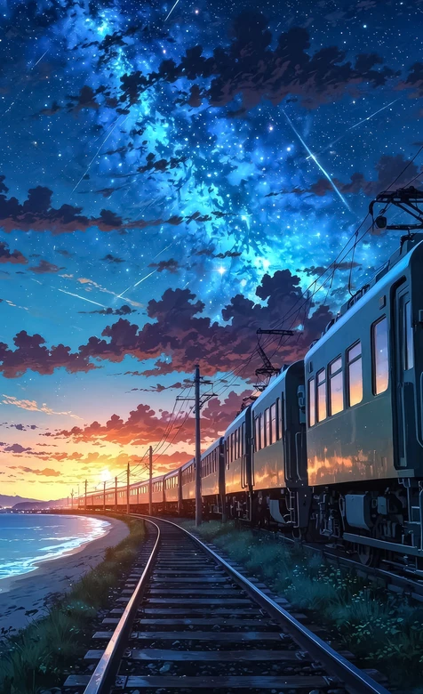 海边铁轨列车·星空流星（新海诚风日系唯美）治愈系壁纸