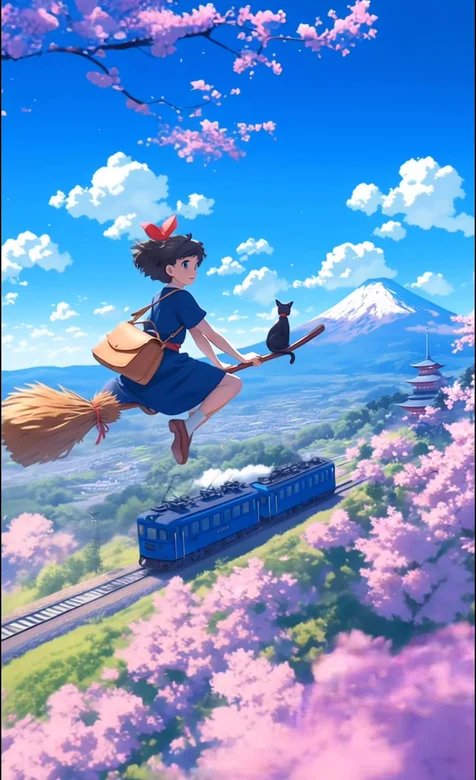 魔女宅急便琪琪·骑扫帚带吉吉 日系治愈樱花富士山动态壁纸