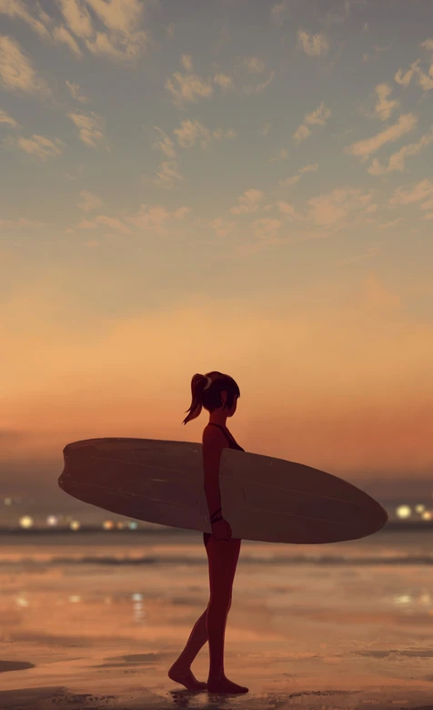 冲浪少女·黄昏海滩 治愈风 高人气手机壁纸