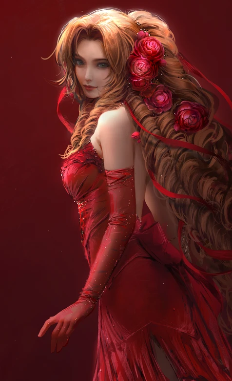爱丽丝（最终幻想7）·红裙玫瑰编发 写实唯美壁纸