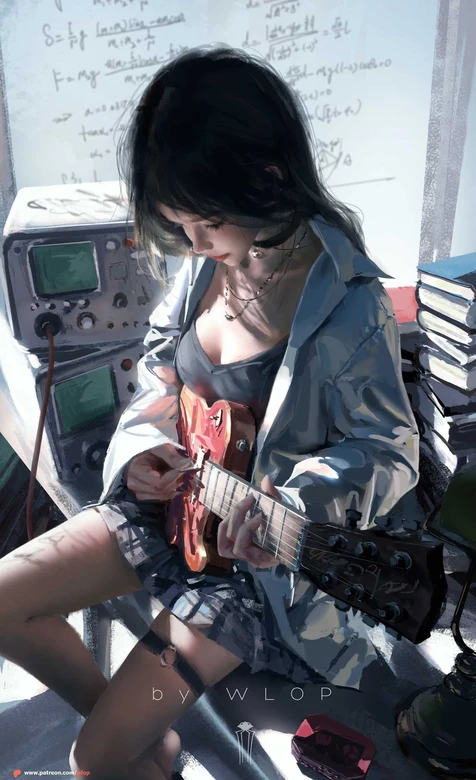 弹吉他少女·写实风·WLOP插画 文艺工作室壁纸