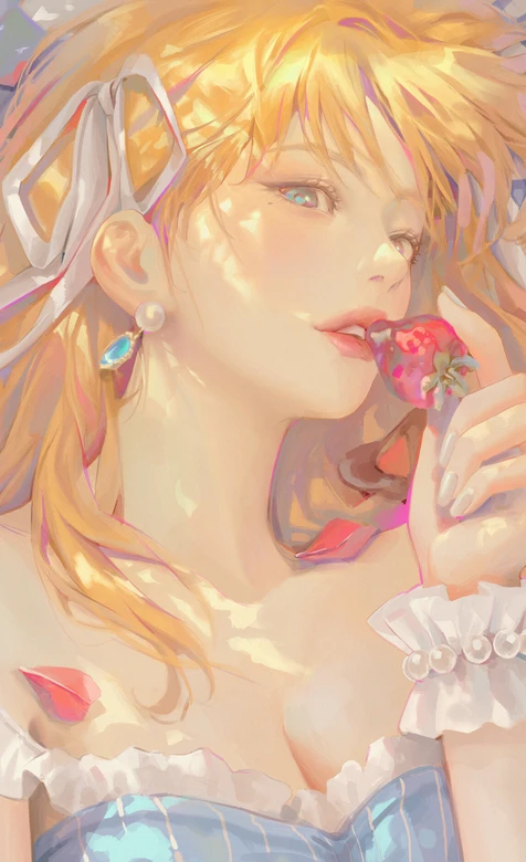 金发少女·手持草莓 唯美写实风原创 手机壁纸精选