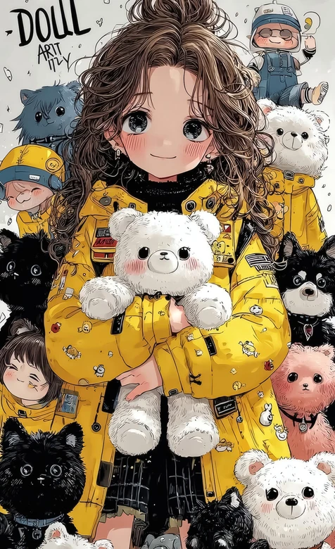 卡通女孩（ARTI TILY）·抱白泰迪 可爱插画宠物环绕手机壁纸