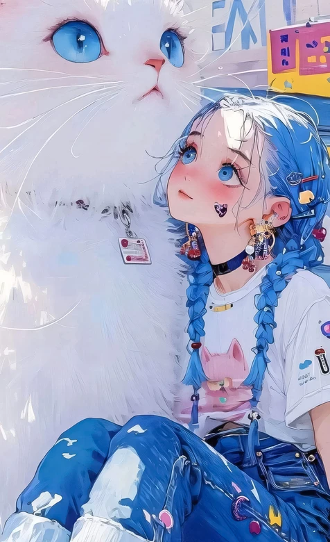 蓝发双辫少女·巨型蓝眼白猫 二次元插画风手机壁纸