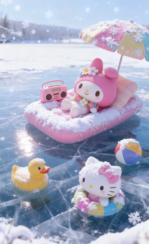 美乐蒂&Hello Kitty 冬日冰面度假·可爱三丽鸥壁纸（萌系冬日壁纸）