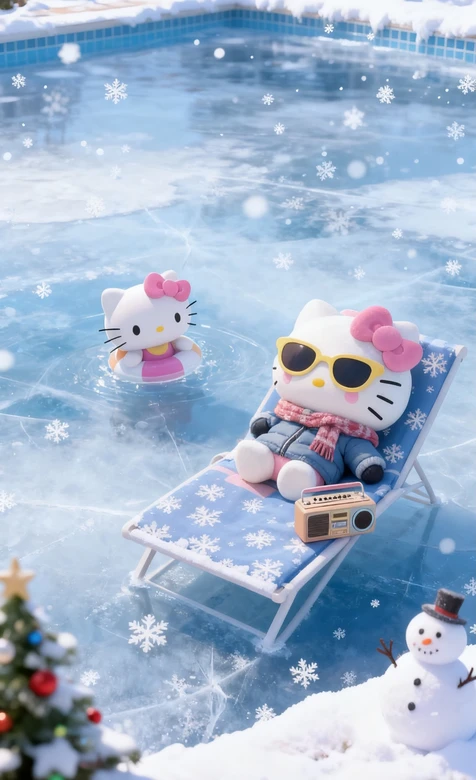 Hello Kitty冰雪泳池度假 三丽鸥可爱节日风手机壁纸