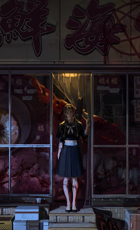双麻花辫少女·暗黑日式血渍店铺 原创暗黑国漫风手机壁纸