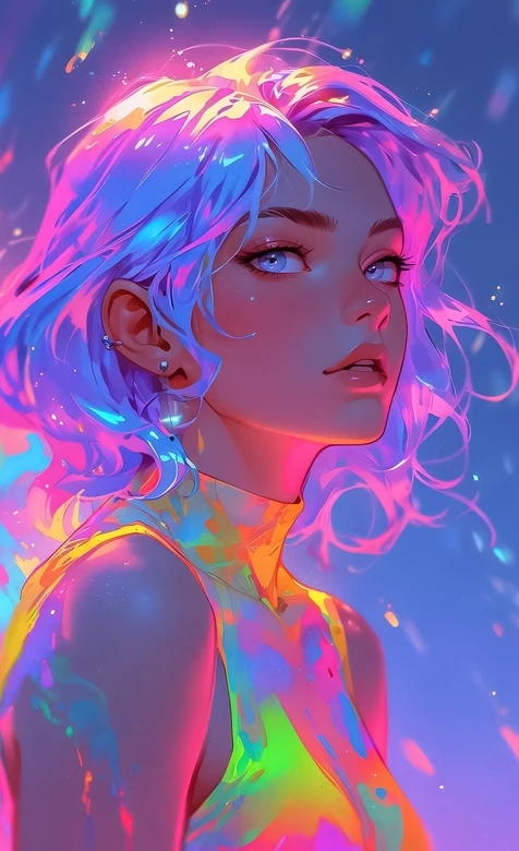 霓虹炫彩短发少女·赛博朋克艺术插画 高人气竖屏壁纸