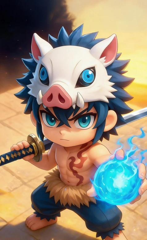 Q版嘴平伊之助·野猪头套持刀 日漫风热血手机壁纸