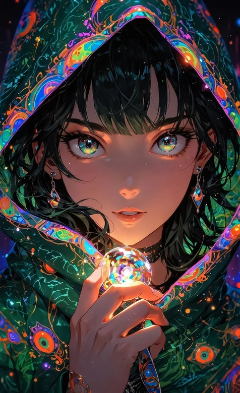 神秘少女·持发光水晶球 迷幻炫彩风原创插画 个性手机壁纸