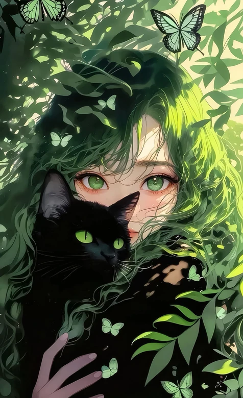 绿发绿眼少女·黑猫相伴 唯美插画风 森系治愈壁纸