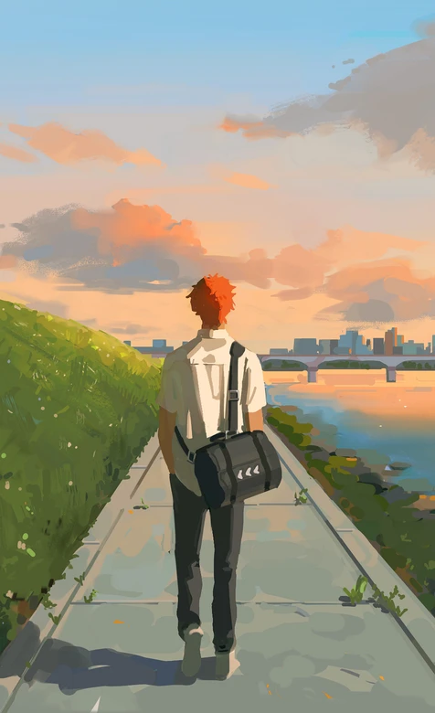 红发少年河畔步道漫步 日系治愈风城市黄昏壁纸