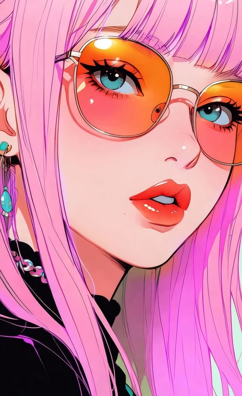 粉色长发形象·橙镜蓝瞳 二次元插画风 高人气手机壁纸