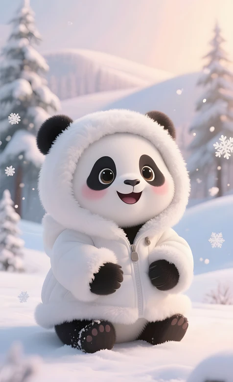 可爱卡通熊猫（毛绒连帽）·冬日雪景治愈系手机壁纸