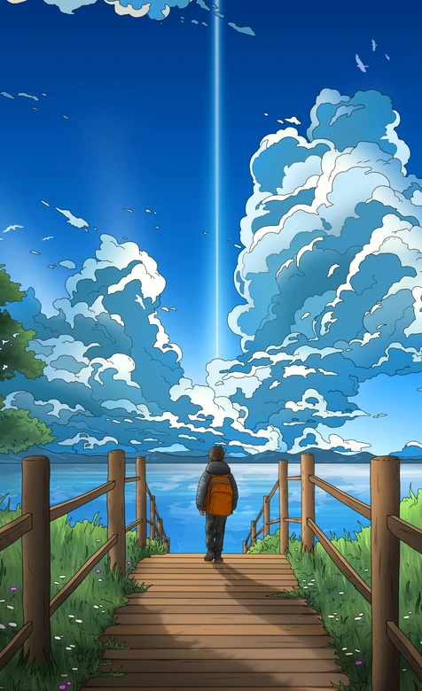 湖岸栈道背包少年·国漫风云海光束·治愈系风景手机壁纸