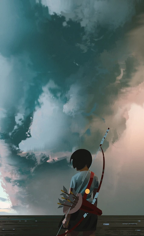 持弓短发少女·插画风 苍茫云海手机壁纸