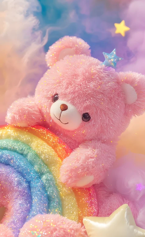 粉色毛绒小熊抱彩虹星星 梦幻治愈风手机壁纸