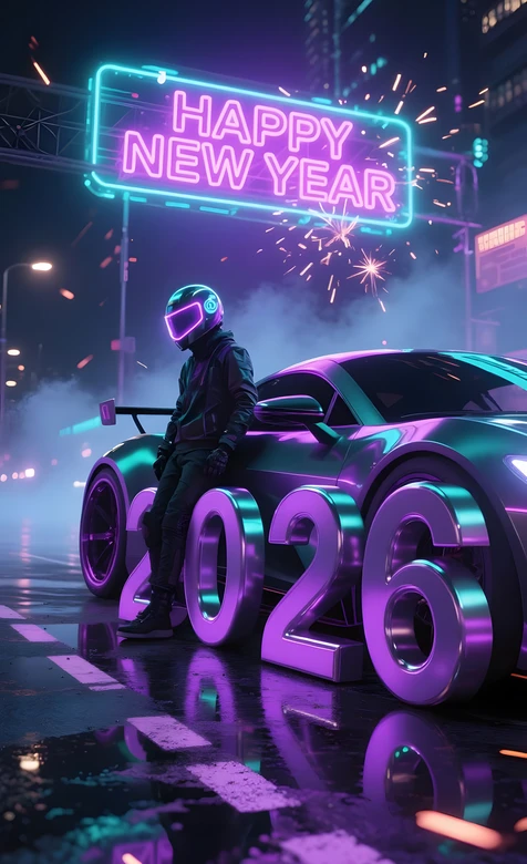 赛博朋克2026新年跑车头盔人物·霓虹未来壁纸