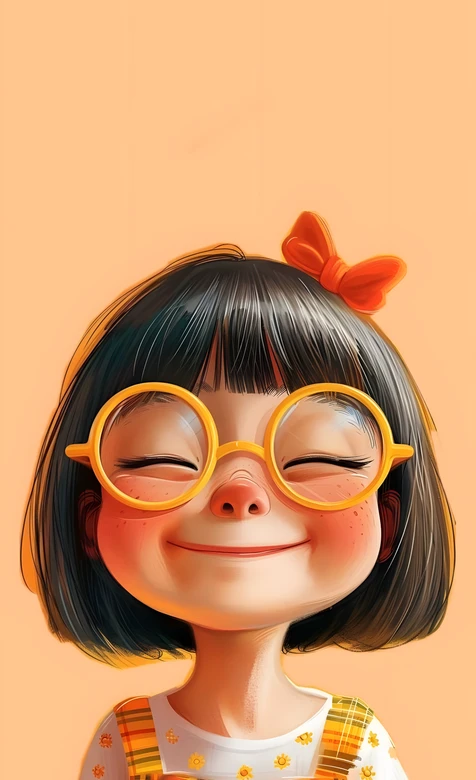 治愈系卡通女孩·黄圆眼镜红蝴蝶结 温馨国漫风手机壁纸
