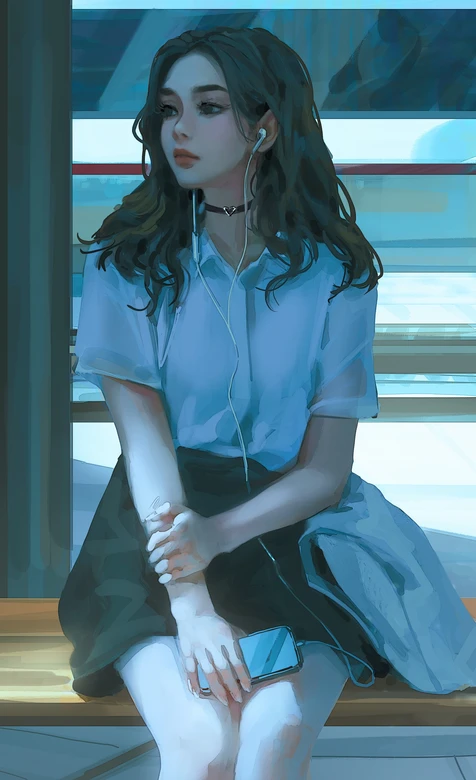 戴耳机卷发女孩·写实唯美 城市独处感手机壁纸