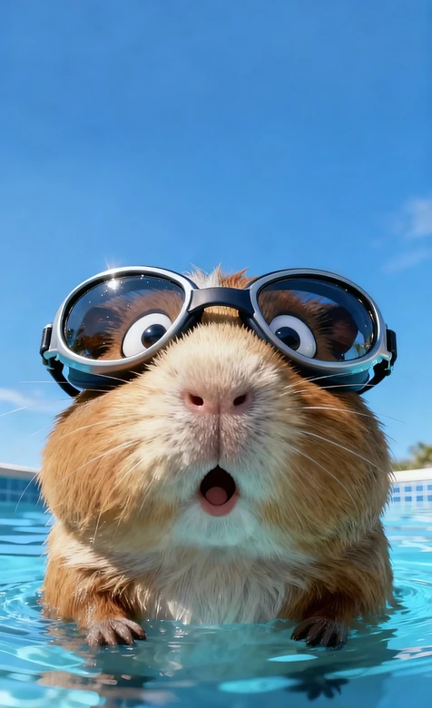 拟人豚鼠·戴泳镜泳池搞怪 清新萌宠手机壁纸