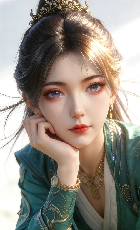 古风美女慕沛灵·鎏金发冠绿衣 唯美国风手机壁纸