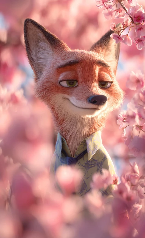 尼克·王尔德 樱花簇拥 疯狂动物城唯美手机壁纸（治愈系动画角色壁纸）