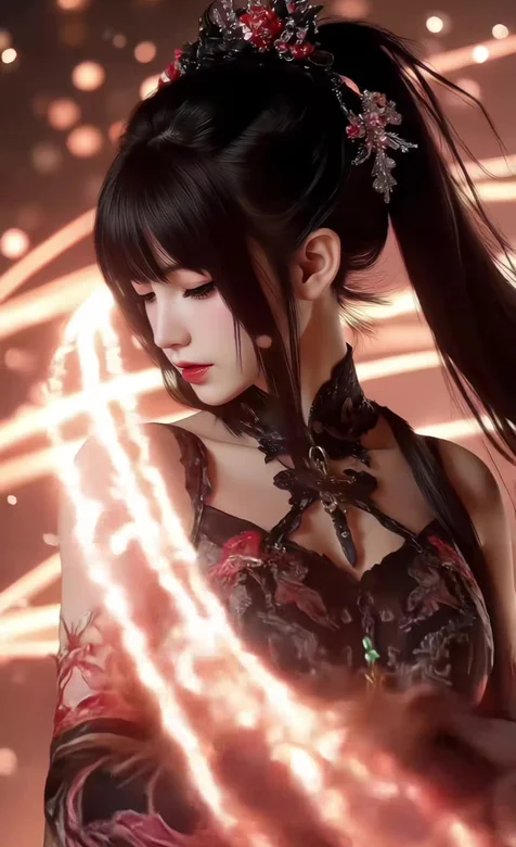 暗黑国风古风女子·焰纹红黑裙 动态手机壁纸