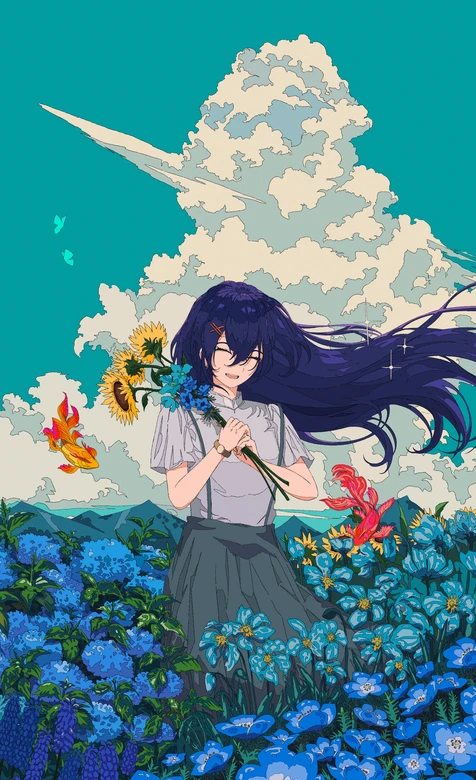 紫发少女·花田笑颜 二次元清新手机壁纸（向日葵蓝花 飘发云景）