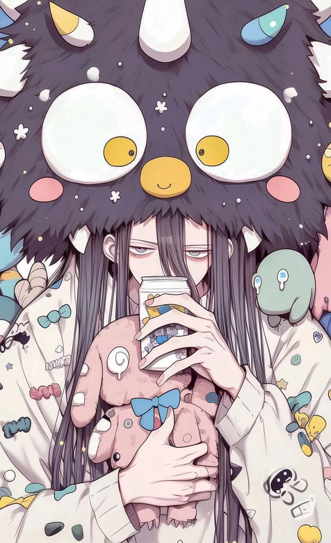 高冷长发动漫人物·毛绒头套抱玩偶喝饮品 二次元可爱风壁纸