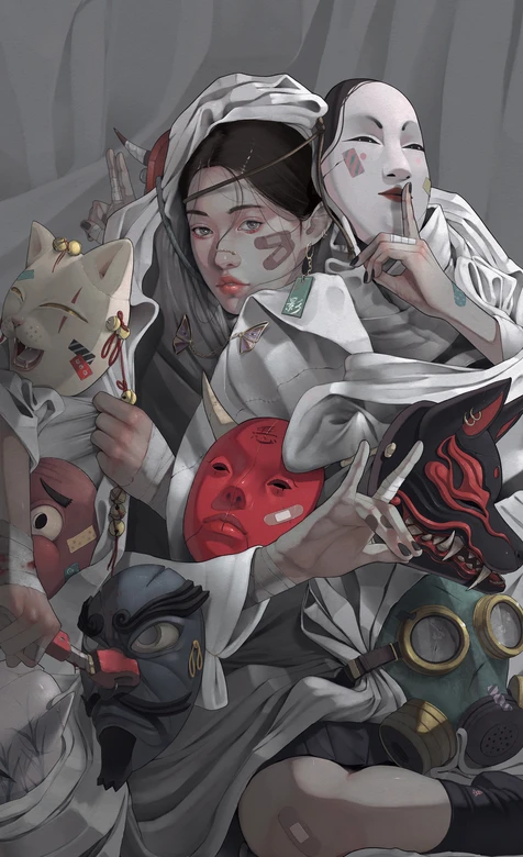 暗黑国风面具少女·和风元素 热门手机壁纸精选