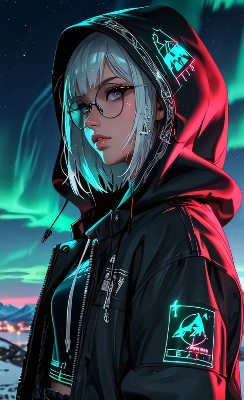 银发眼镜少女·赛博朋克连帽衫 极光夜景潮酷手机壁纸