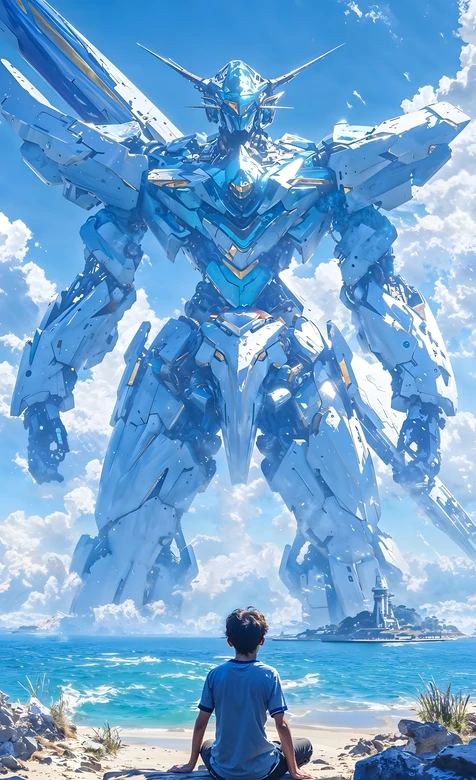 男孩仰望巨型科幻机甲·海边清新动漫风手机壁纸
