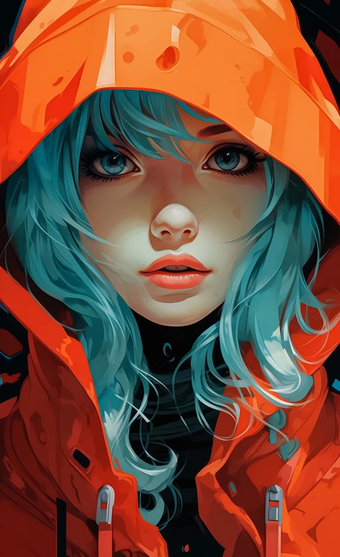 蓝发少女·橙红连帽衫 二次元插画风高人气手机壁纸