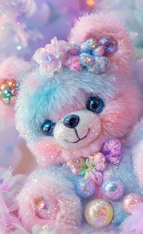 梦幻闪粉渐变毛绒熊·甜系少女心手机壁纸