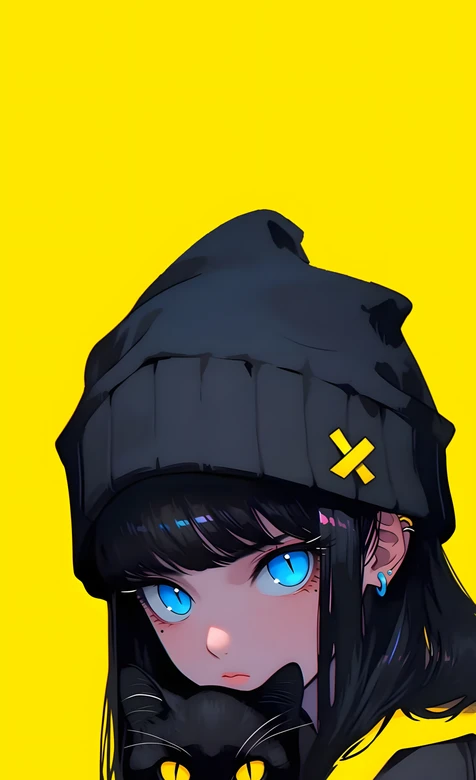 黑帽蓝眼少女抱黑猫·二次元插画风原创高清手机壁纸