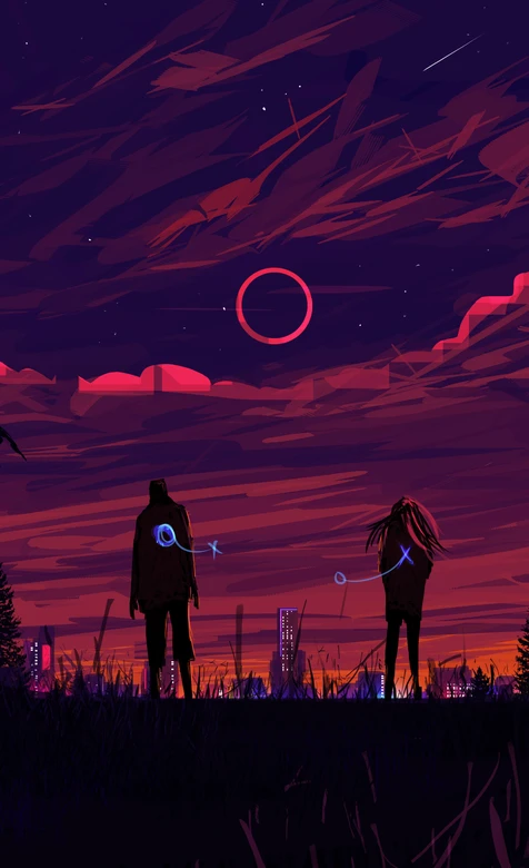 赛博朋克风人物背影·霓虹天空城市 热门竖屏壁纸